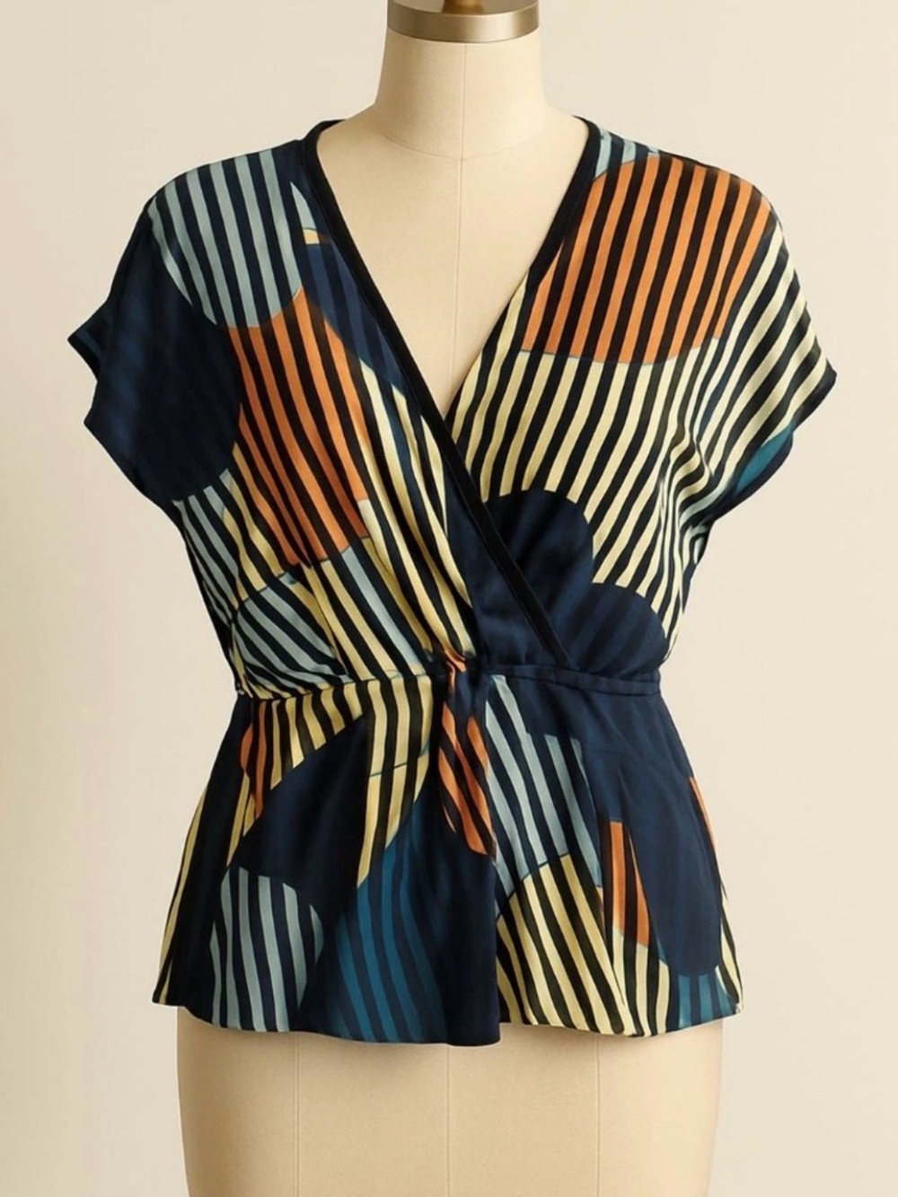 Diane Von Furstenberg DVF Silk Wrap Top Multicolor Striped Geometric Print Sz 4